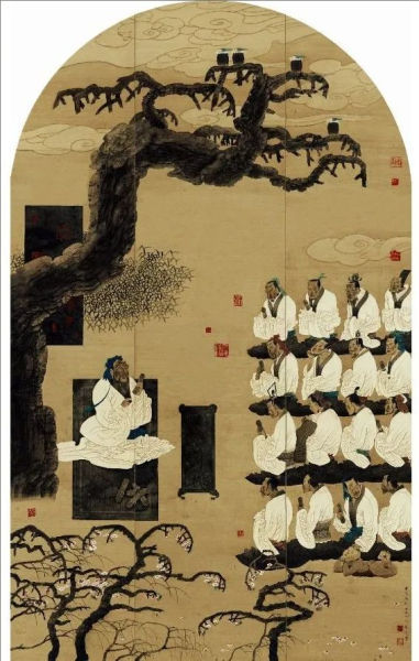孔维克 杏坛讲学 中国画 220cm×143cm 1994年(“第八届全国美术作品展览”获奖作品)